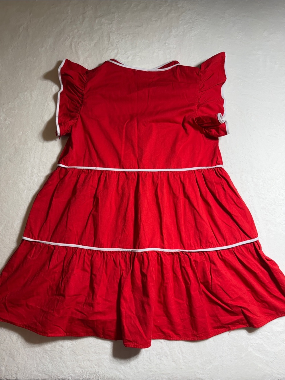 BiBi Cherry Red Tiered Cotton Dress with White Piping Trim - Picture 4 of 8